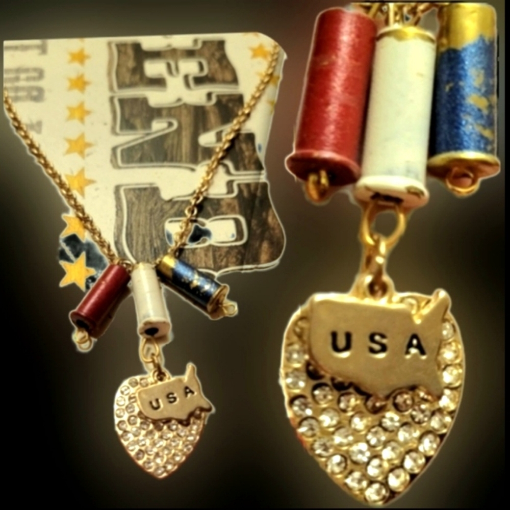 Red white blue 22 brass bullet shell casings USA charm heart necklace NWT